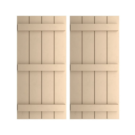 Ekena Millwork 22"W x 90"H Rustic Four Board Joined Board-n-Batten Smooth Faux Wood Shutters (Per Pair), Primed Tan