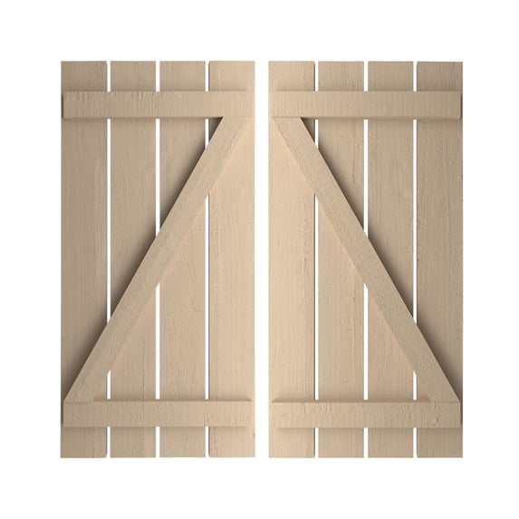 Ekena Millwork 23 1/2"W x 24"H Rustic Four Board Spaced Board-n-Batten Rough Cedar Faux Wood Shutters w/Z-Board (Per Pair), Primed Tan