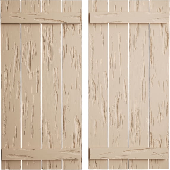 Ekena Millwork 23 1/2"W x 30"H Rustic Four Board Spaced Board-n-Batten Pecky Cypress Faux Wood Shutters (Per Pair), Primed Tan