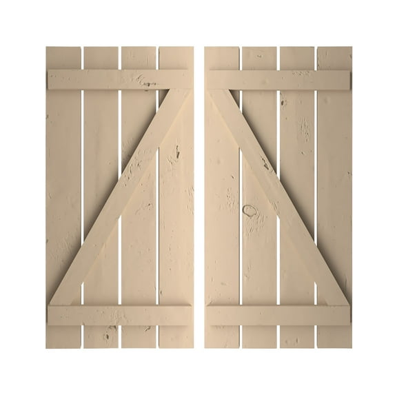 Ekena Millwork 23 1/2"W x 32"H Rustic Four Board Spaced Board-n-Batten Knotty Pine Faux Wood Shutters w/Z-Board (Per Pair), Primed Tan