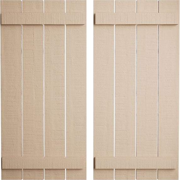 Ekena Millwork 23 1/2"W x 36"H Rustic Four Board Spaced Board-n-Batten Rough Cedar Faux Wood Shutters (Per Pair), Primed Tan