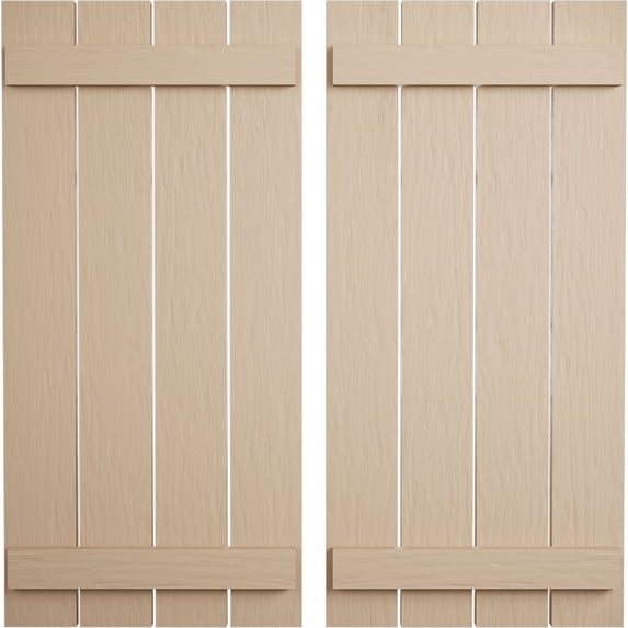 Ekena Millwork 23 1/2"W x 42"H Rustic Four Board Spaced Board-n-Batten Rough Sawn Faux Wood Shutters (Per Pair), Primed Tan