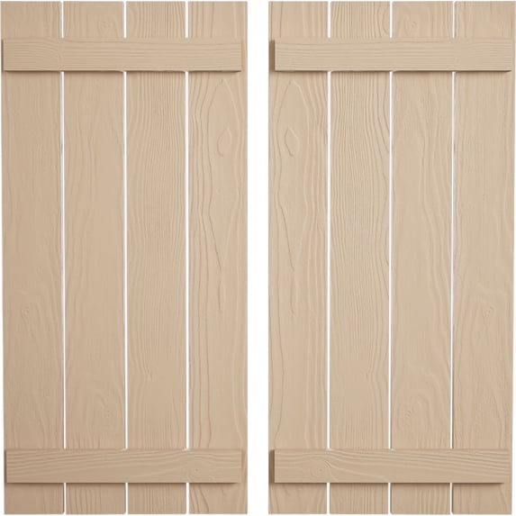 Ekena Millwork 23 1/2"W x 48"H Rustic Four Board Spaced Board-n-Batten Sandblasted Faux Wood Shutters (Per Pair), Primed Tan