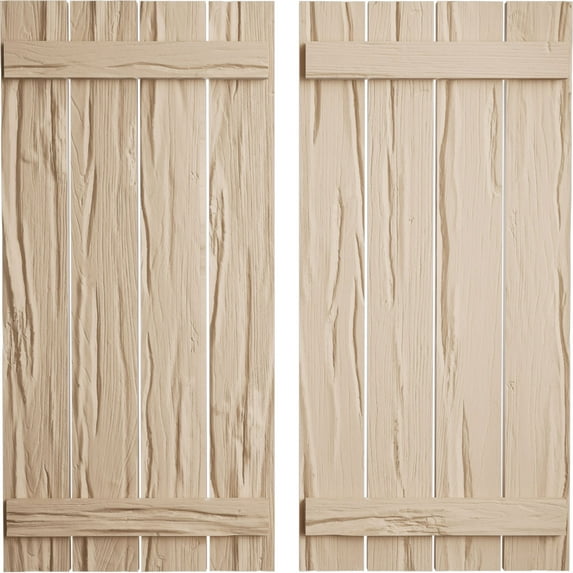 Ekena Millwork 23 1/2"W x 54"H Rustic Four Board Spaced Board-n-Batten Riverwood Faux Wood Shutters (Per Pair), Primed Tan