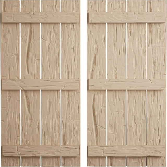 Ekena Millwork 23 1/2"W x 58"H Rustic Four Board Spaced Board-n-Batten Hand Hewn Faux Wood Shutters (Per Pair), Primed Tan
