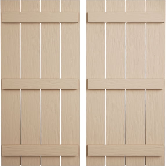 Ekena Millwork 23 1/2"W x 58"H Rustic Four Board Spaced Board-n-Batten Rough Sawn Faux Wood Shutters (Per Pair), Primed Tan