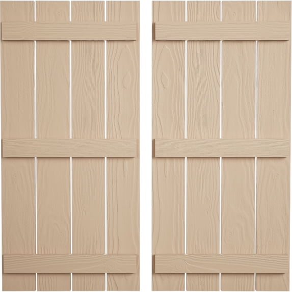Ekena Millwork 23 1/2"W x 60"H Rustic Four Board Spaced Board-n-Batten Sandblasted Faux Wood Shutters (Per Pair), Primed Tan