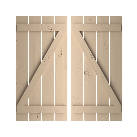 Ekena Millwork 23 1/2"W x 66"H Rustic Four Board Spaced Board-n-Batten Knotty Pine Faux Wood Shutters w/Z-Board (Per Pair), Primed Tan
