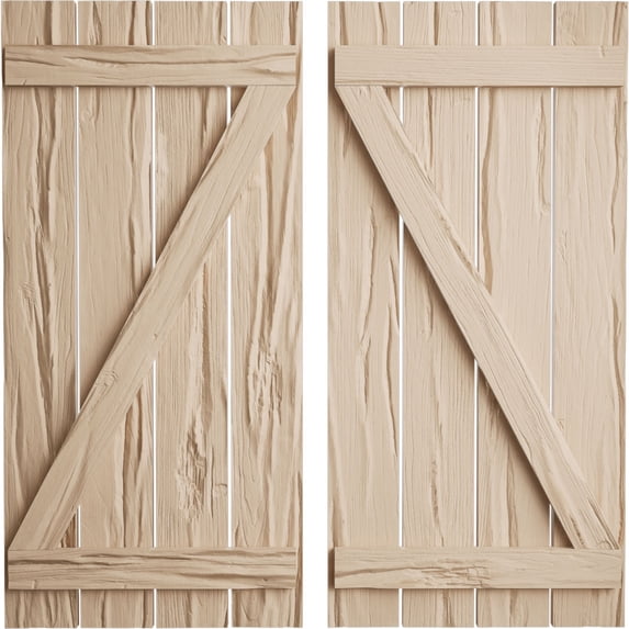 Ekena Millwork 23 1/2"W x 68"H Rustic Four Board Spaced Board-n-Batten Riverwood Faux Wood Shutters w/Z-Board (Per Pair), Primed Tan