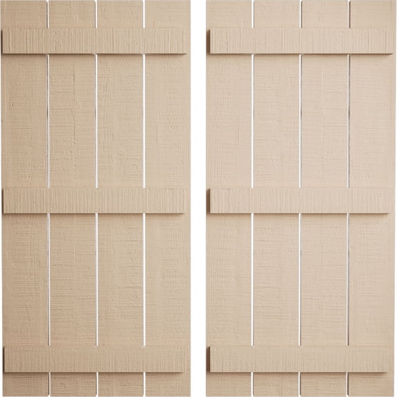 Ekena Millwork 23 1/2"W x 70"H Rustic Four Board Spaced Board-n-Batten Rough Cedar Faux Wood Shutters (Per Pair), Primed Tan