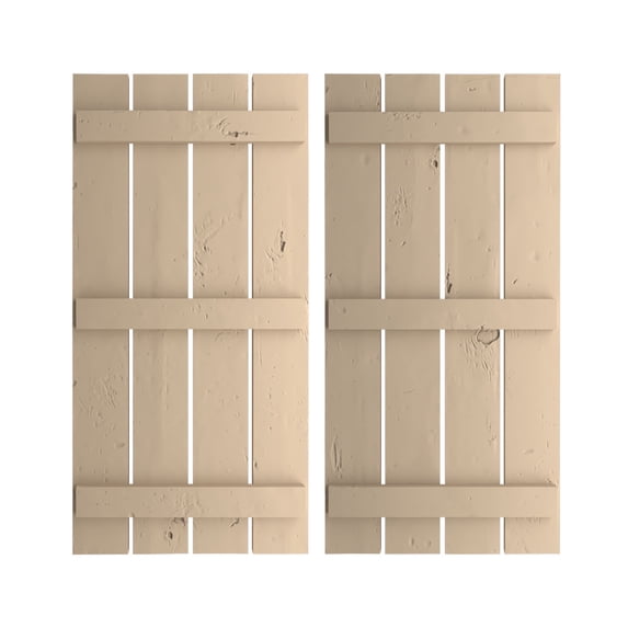 Ekena Millwork 23 1/2"W x 72"H Rustic Four Board Spaced Board-n-Batten Knotty Pine Faux Wood Shutters (Per Pair), Primed Tan
