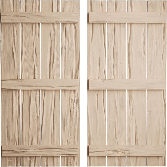 Ekena Millwork 23 1/2"W x 72"H Rustic Four Board Spaced Board-n-Batten Riverwood Faux Wood Shutters (Per Pair), Primed Tan