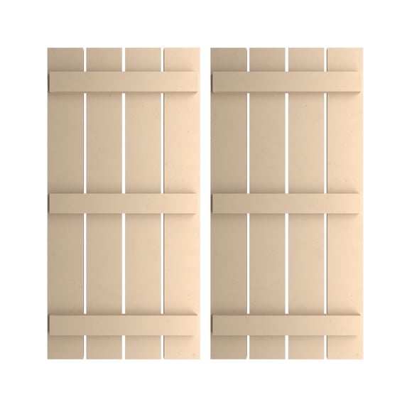 Ekena Millwork 23 1/2"W x 84"H Rustic Four Board Spaced Board-n-Batten Smooth Faux Wood Shutters (Per Pair), Primed Tan