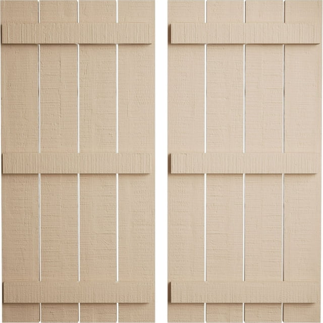 Ekena Millwork 23 1/2"W x 86"H Rustic Four Board Spaced Board-n-Batten Rough Cedar Faux Wood Shutters (Per Pair), Primed Tan