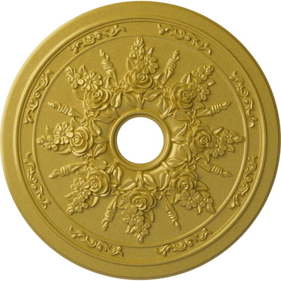 Ekena Millwork 23 5/8"OD x 4"ID x 1 1/2"P Rose and Ribbon Ceiling Medallion (Fits Canopies up to 4"), Hand-Painted Rich Gold