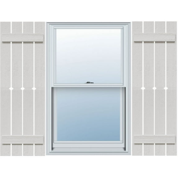 Ekena Millwork 23"W x 78"H Timberthane Faux Rustic Four Board Spaced Board-n-Batten Faux Wood Shutters w/Diamond Cut Outs, Rough Cedar (Per Pair)