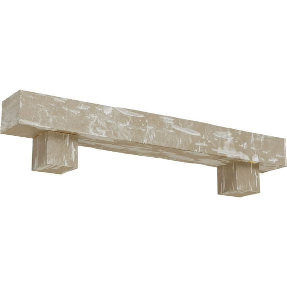 Ekena Millwork 4"H x 4"D x 48"W Pecky Cypress Faux Wood Fireplace Mantel Kit w/ Alamo Corbels, White Washed