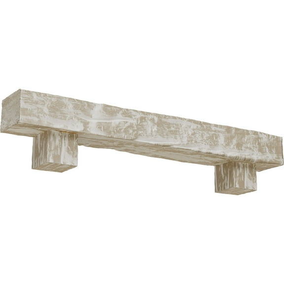 Ekena Millwork 4"H x 4"D x 48"W Riverwood Faux Wood Fireplace Mantel Kit w/ Alamo Corbels, White Washed