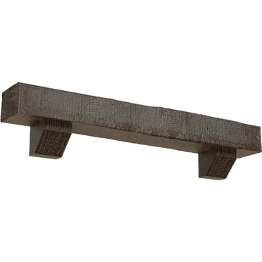 Ekena Millwork 4"H x 4"D x 48"W Rough Sawn Faux Wood Fireplace Mantel Kit w/ Ashford Corbels, Aged Pecan