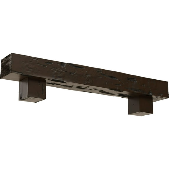 Ekena Millwork 4"H x 4"D x 60"W Pecky Cypress Faux Wood Fireplace Mantel Kit w/ Alamo Corbels, Burnished Mahogany