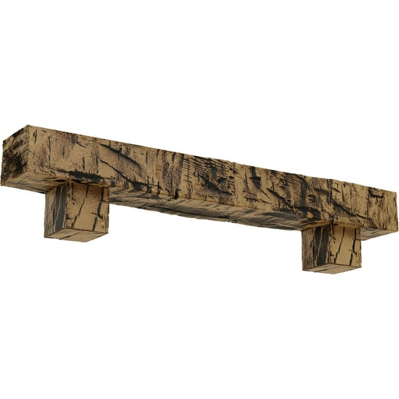 Ekena Millwork 4"H x 6"D x 48"W Hand Hewn Faux Wood Fireplace Mantel Kit w/ Alamo Corbels, Natural Golden Oak