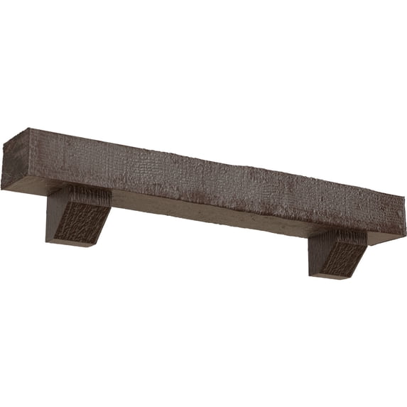 Ekena Millwork 4"H x 6"D x 60"W Rough Sawn Faux Wood Fireplace Mantel Kit w/ Ashford Corbels, Aged Pecan
