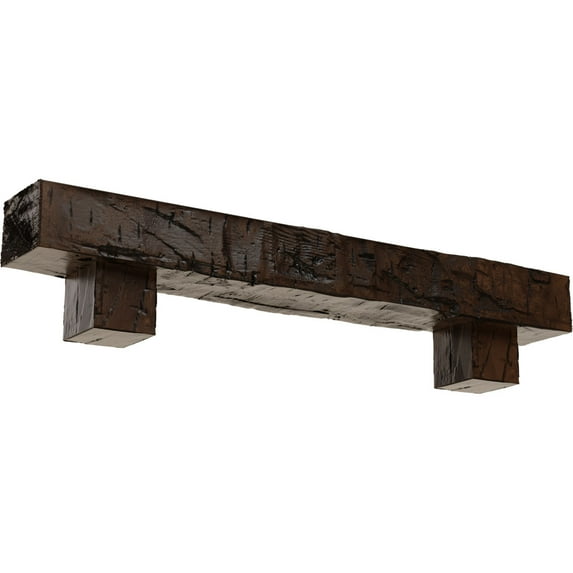 Ekena Millwork 4"H x 6"D x 72"W Hand Hewn Faux Wood Fireplace Mantel Kit w/ Alamo Corbels, Premium Aged