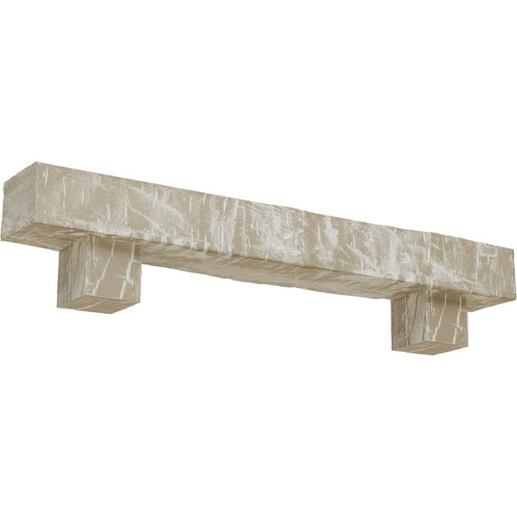 Ekena Millwork 4"H x 6"D x 72"W Hand Hewn Faux Wood Fireplace Mantel Kit w/ Alamo Corbels, White Washed
