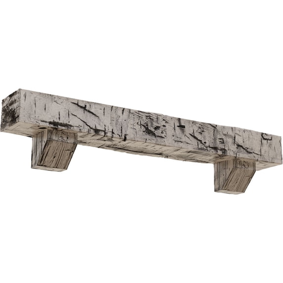 Ekena Millwork 4"H x 6"D x 72"W Hand Hewn Faux Wood Fireplace Mantel Kit w/ Ashford Corbels, Burnished Pine