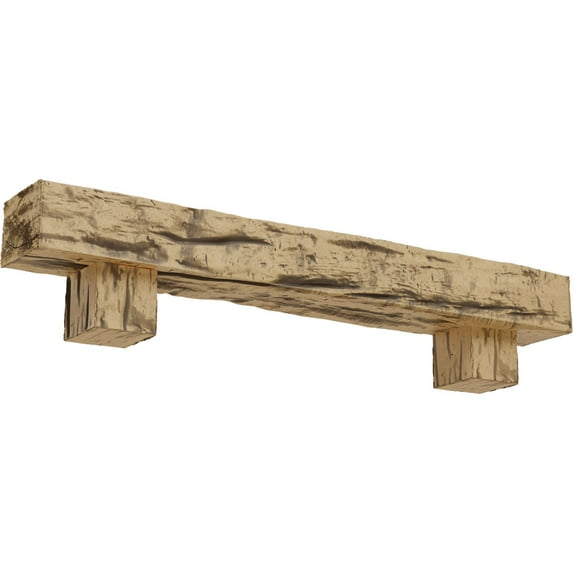 Ekena Millwork 4"H x 6"D x 72"W Riverwood Faux Wood Fireplace Mantel Kit w/ Alamo Corbels, Natural Pine
