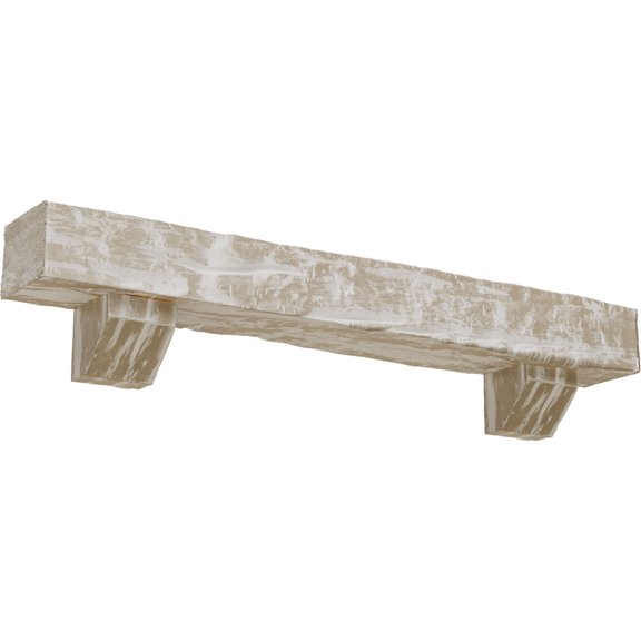 Ekena Millwork 4"H x 6"D x 72"W Riverwood Faux Wood Fireplace Mantel Kit w/ Ashford Corbels, White Washed