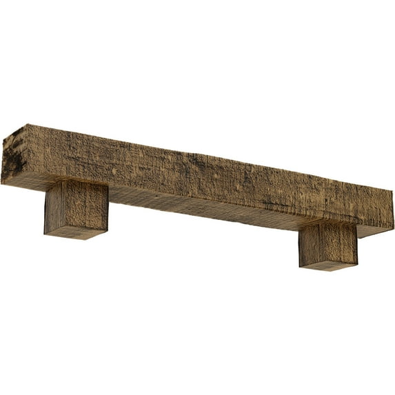 Ekena Millwork 4"H x 6"D x 72"W Rough Cedar Faux Wood Fireplace Mantel Kit w/ Alamo Corbels, Natural Golden Oak