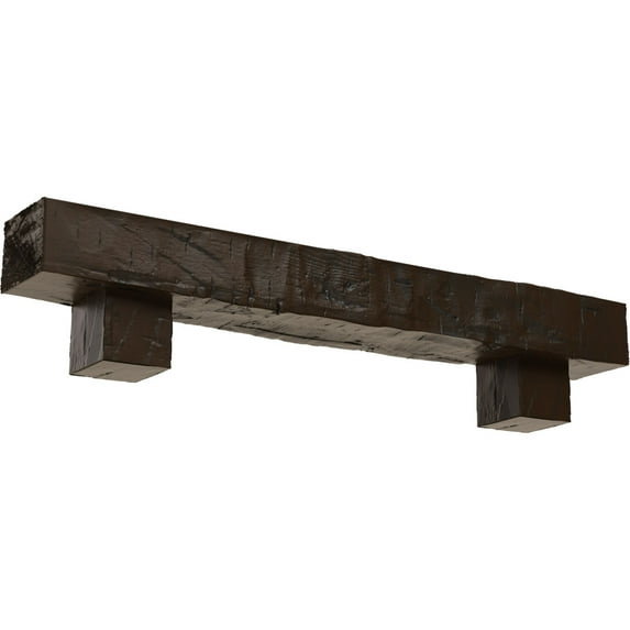 Ekena Millwork 4"H x 8"D x 48"W Hand Hewn Faux Wood Fireplace Mantel Kit w/ Alamo Corbels, Burnished Mahogany