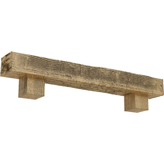 Ekena Millwork 4"H x 8"D x 48"W Rough Sawn Faux Wood Fireplace Mantel Kit w/ Alamo Corbels, Natural Pine
