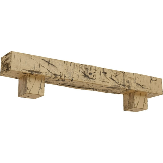 Ekena Millwork 4"H x 8"D x 60"W Hand Hewn Faux Wood Fireplace Mantel Kit w/ Alamo Corbels, Natural Pine