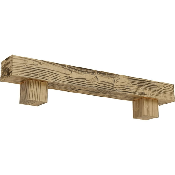 Ekena Millwork 4"H x 8"D x 60"W Sandblasted Faux Wood Fireplace Mantel Kit w/ Alamo Corbels, Natural Pine
