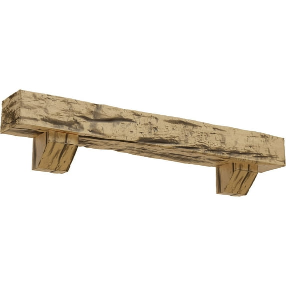 Ekena Millwork 4"H x 8"D x 72"W Riverwood Faux Wood Fireplace Mantel Kit with Ashford Corbels, Natural Pine