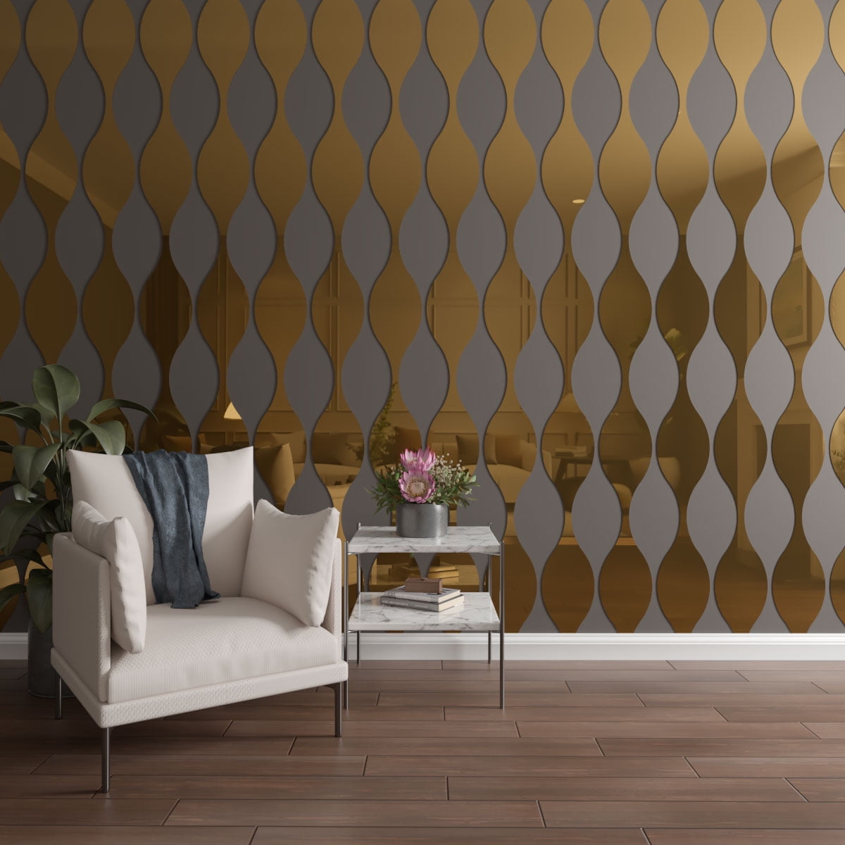 Ekena Millwork 47"H x 1/8"T Ozark Adjustable Acrylic Decorative Slat Wall Panel Kit, Gold Mirror (contains 8 Slats + 1 Straight Edge Starter Slat)