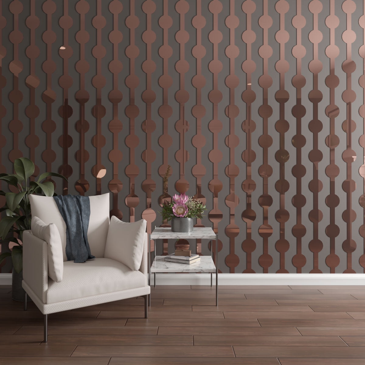Ekena Millwork 47"H x 1/8"T Pomeroy Adjustable Acrylic Decorative Slat Wall Panel Kit, Rose Gold Mirror (contains 12 Slats)