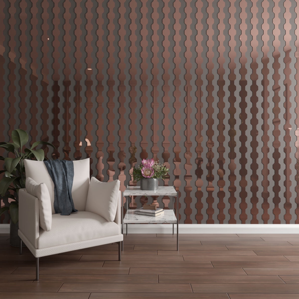 Ekena Millwork 47"H x 1/8"T Pontiac Adjustable Acrylic Decorative Slat Wall Panel Kit, Rose Gold Mirror (contains 16 Slats + 1 Straight Edge Starter Slat)
