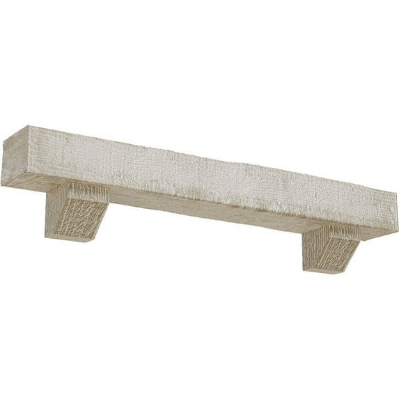 Ekena Millwork 6"H x 10"D x 60"W Rough Sawn Faux Wood Fireplace Mantel Kit with Ashford Corbels, White Washed