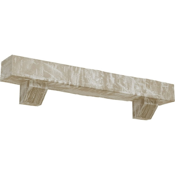 Ekena Millwork 6"H x 10"D x 72"W Hand Hewn Faux Wood Fireplace Mantel Kit with Ashford Corbels, White Washed