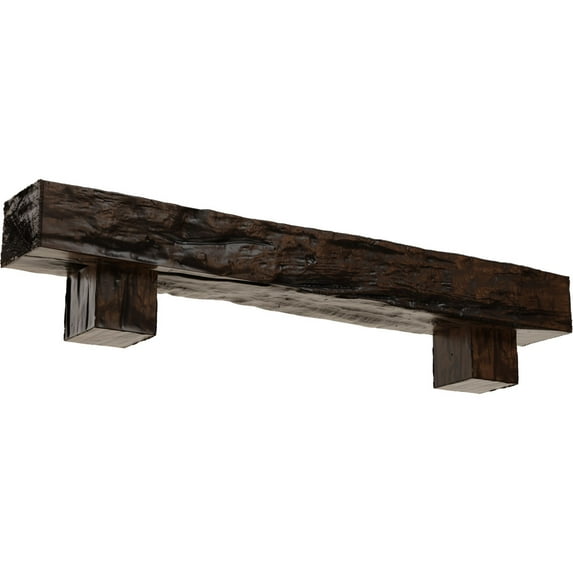 Ekena Millwork 6"H x 6"D x 60"W Riverwood Faux Wood Fireplace Mantel Kit w/ Alamo Corbels, Premium Aged