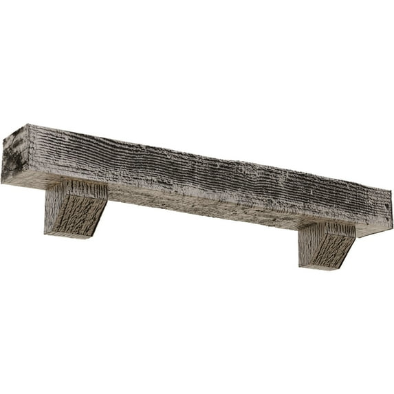 Ekena Millwork 6"H x 8"D x 60"W Rough Sawn Faux Wood Fireplace Mantel Kit with Ashford Corbels, Burnished Pine
