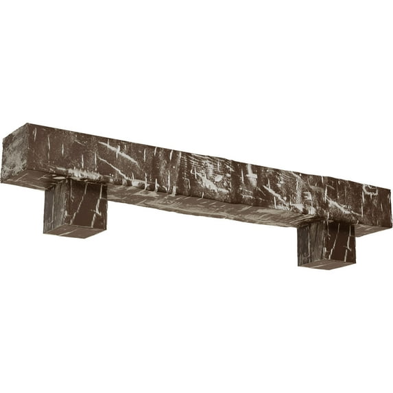 Ekena Millwork 6"H x 8"D x 72"W Hand Hewn Faux Wood Fireplace Mantel Kit w/ Alamo Corbels, Vintage Mahogany
