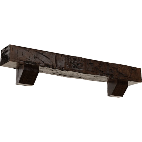 Ekena Millwork 6"H x 8"D x 72"W Hand Hewn Faux Wood Fireplace Mantel Kit with Ashford Corbels, Premium Aged