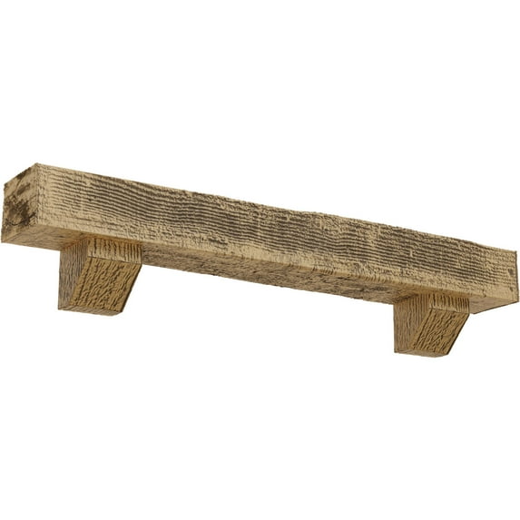 Ekena Millwork 6"H x 8"D x 72"W Rough Sawn Faux Wood Fireplace Mantel Kit with Ashford Corbels, Natural Pine