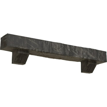 Ekena Millwork 8"H x 10"D x 48"W Hand Hewn Faux Wood Fireplace Mantel Kit with Ashford Corbels, Aged Cedar