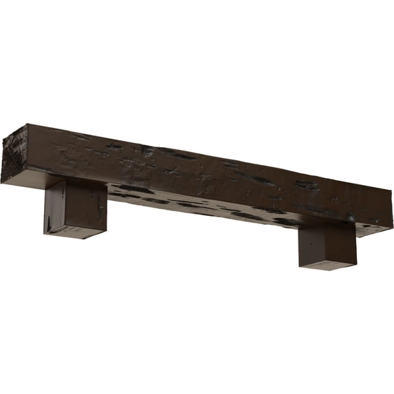 Ekena Millwork 8"H x 10"D x 48"W Pecky Cypress Faux Wood Fireplace Mantel Kit w/ Alamo Corbels, Burnished Mahogany