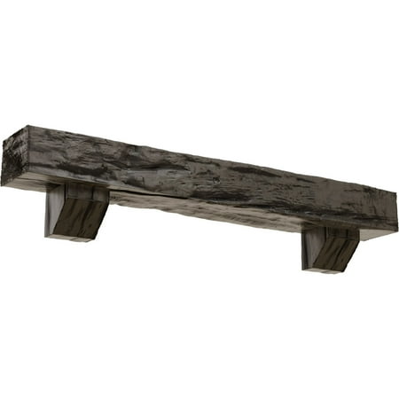 Ekena Millwork 8"H x 12"D x 48"W Riverwood Faux Wood Fireplace Mantel Kit with Ashford Corbels, Burnished Honey Dew
